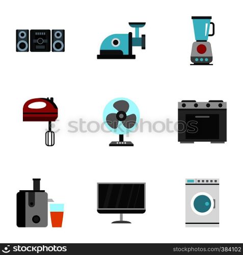 Home electronics icons set. Flat illustration of 9 home electronics vector icons for web. Home electronics icons set, flat style