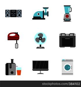 Home electronics icons set. Flat illustration of 9 home electronics vector icons for web. Home electronics icons set, flat style