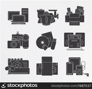 Home electronics icons set. Household appliances silhouettes illustrations. Modern digital devices symbols isolated on white. Vector. Home electronics icons set. Silhouette