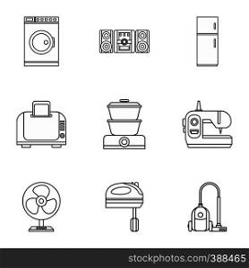 Home electronics icons set. Outline illustration of 9 home electronics vector icons for web. Home electronics icons set, outline style