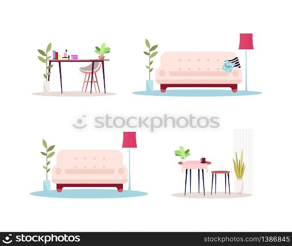 Home empty interior semi flat RGB color vector illustrations set. Pink couch with pillows. Comfy living room. Counter for cosmetic. Furniture isolated cartoon items on white background. Home empty interior semi flat RGB color vector illustrations set