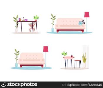 Home empty interior semi flat RGB color vector illustrations set. Pink couch with pillows. Comfy living room. Counter for cosmetic. Furniture isolated cartoon items on white background. Home empty interior semi flat RGB color vector illustrations set