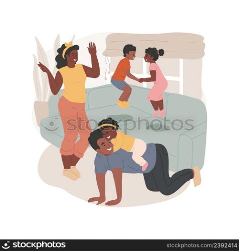 Home entertainment isolated cartoon vector illustration Kids jumping, laughing, toddler riding father back, family entertaining at home, having fun in living room, happy parent vector cartoon.. Home entertainment isolated cartoon vector illustration