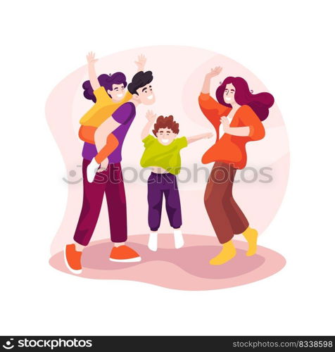 Home entertainment isolated cartoon vector illustration. Kids jumping, laughing, toddler riding father back, family entertaining at home, having fun in living room, happy parent vector cartoon.. Home entertainment isolated cartoon vector illustration.