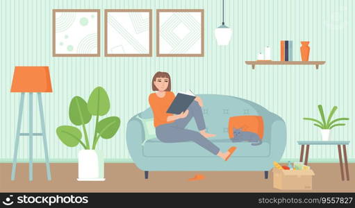 Home entertainment, isolation period, relax concept. Cozy interior living room with a cat. Girl on sofa reading a book. Stock vector illustration in cartoon flat style. Home entertainment, isolation period, relax concept. Cozy interior living room with a cat. Girl on sofa reading a book. Stock vector illustration in cartoon flat style.