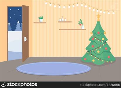 Home entrance on Christmas flat color vector illustration. Xmas tree in corner. Decorated apartment. House hallway 2D cartoon interior with opened door to winter evening on background. Home entrance on Christmas flat color vector illustration