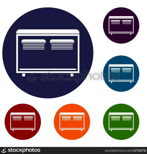 Home equipment for heating icons set in flat circle red, blue and green color for web. Home equipment for heating icons set