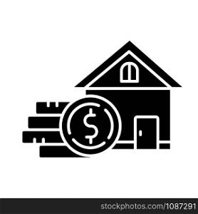 Home equity glyph icon. Credit to buy real estate building. Buying, renting house. Borrow money to purchase apartment. Silhouette symbol. Negative space. Vector isolated illustration