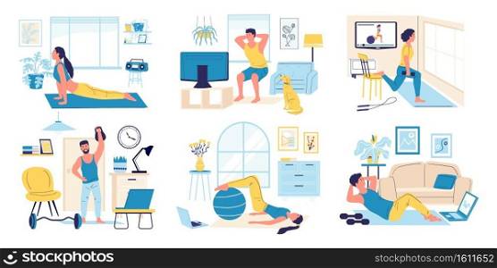 Home exercises. Cartoon men and women doing indoor sport activity. People watch video instructions. Cute scenes of training young persons. Workout for weight loss and muscle gain, vector isolated set. Home exercises. Cartoon men and women doing indoor sport activity. People watch video instructions. Scenes of training young persons. Workout for weight loss and muscle gain, vector set