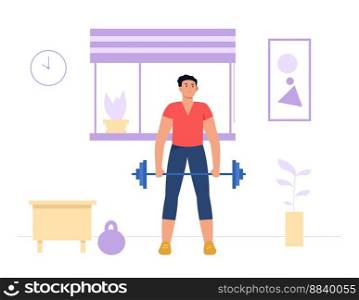 Home exercises. Male character exercising with barbell in living room. Active man athlete lifting weight. Cartoon strong young person in sportswear having healthy physical activity vector. Home exercises. Male character exercising with barbell in living room. Active man athlete lifting weight