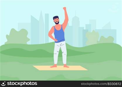 Home exercises. Man fitness training in park. Outdoor workout. Sport in nature. Athlete activity. Healthy lifestyle. Athletic sportsman standing on mat. Person practicing yoga. Vector illustration. Home exercises. Man fitness training in park. Outdoor workout. Sport in nature. Athlete activity. Healthy lifestyle. Sportsman standing on mat. Yoga practicing. Vector illustration