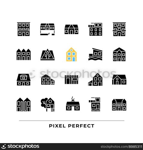 Home exteriors black glyph icons set on white space. Real estate agency. Buying property. Detached house, mansion. Silhouette symbols. Solid pictogram pack. Vector isolated illustration. Home exteriors black glyph icons set on white space