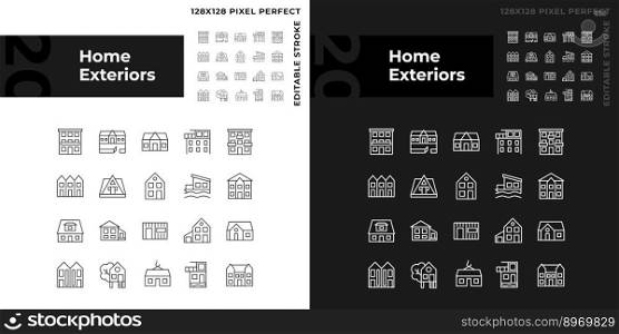 Home exteriors pixel perfect linear icons set for dark, light mode. Real estate agency. Buying property. Detached house. Thin line symbols for night, day theme. Isolated illustrations. Editable stroke. Home exteriors pixel perfect linear icons set for dark, light mode