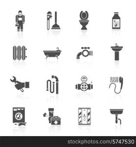 Home facilities water pipe sections assembly and leakage fixing plumber helper icons set black isolated vector illustration