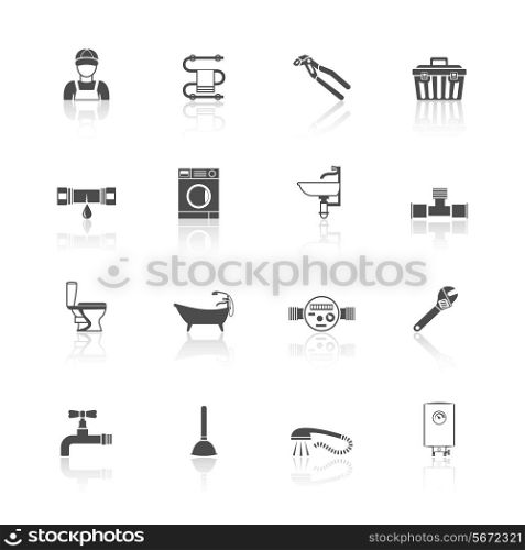 Home facilities water pipe sections assembly and leakage fixing plumber kit icons set black isolated vector illustration
