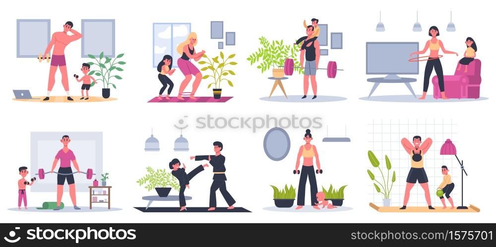 Home family fitness. Mother, father and kids exercising at home, workout activities, families healthy lifestyle vector illustration set. Training family workout, mother and kids healthy exercise. Home family fitness. Mother, father and kids exercising at home, siblings workout activities, families healthy lifestyle vector illustration set