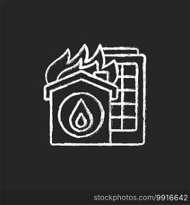 Home fire chalk white icon on black background. Heating equipment. Flammable materials. Cooking mishaps. Electricity, smoking, candles. Working smoke alarms. Isolated vector chalkboard illustration. Home fire chalk white icon on black background