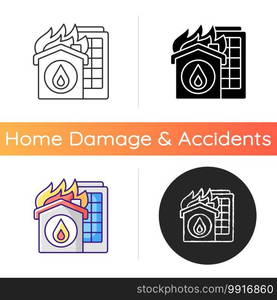 Home fire icon. Heating equipment. Flammable materials. Cooking mishaps. Electricity, smoking, candles. Working smoke alarms. Linear black and RGB color styles. Isolated vector illustrations. Home fire icon