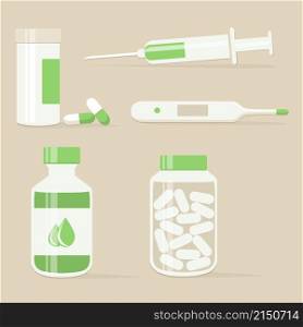 Home first aid kit. syringe, pills, syrup and thermometer. Medical concept vector illustration