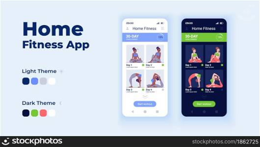 Home fitness app cartoon smartphone interface vector templates set. Mobile app screen page day and dark mode design. Online sport exercises UI for application. Phone display with flat character. Home fitness app cartoon smartphone interface vector templates set