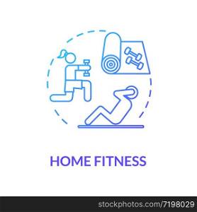 Home fitness blue concept icon. Sport indoors. Exercise inside house. Physical activity. Quarantine healthcare idea thin line illustration. Vector isolated outline RGB color drawing