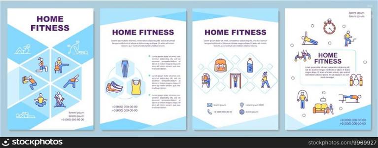 Home fitness brochure template. Exercising in your room. Flyer, booklet, leaflet print, cover design with linear icons. Vector layouts for magazines, annual reports, advertising posters. Home fitness brochure template