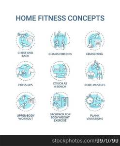 Home fitness concept icons set. Physical training session idea thin line RGB color illustrations. Press-ups. Upper-body workout. Press-up. Crunching. Vector isolated outline drawings. Editable stroke. Home fitness concept icons set