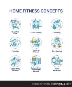 Home fitness concept icons set. Physical training session idea thin line RGB color illustrations. Core muscles. Plank variations. Press-up. Crunching. Vector isolated outline drawings. Editable stroke. Home fitness concept icons set