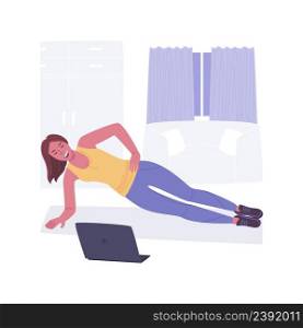 Home fitness isolated cartoon vector illustrations. Girl in sportswear doing fitness and watching video training via laptop, workout exercise at home, healthy and active lifestyle vector cartoon.. Home fitness isolated cartoon vector illustrations.