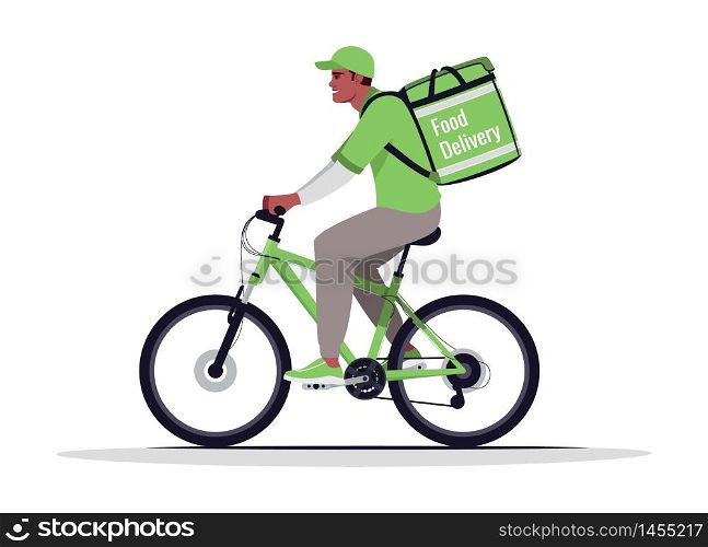 Home food delivery semi flat RGB color vector illustration. African american courier on transport. Delivery man on bike in green uniform isolated cartoon character on white background. Home food delivery semi flat RGB color vector illustration