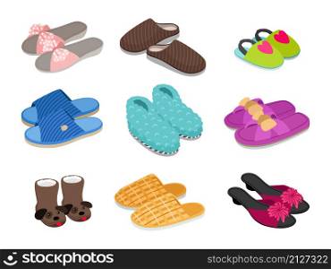 Home footwear. Cute comfortable slippers, hand drawn fur shoes and cozy sandals, vector illustration of shoe for home or hotel isolated on white background. Home footwear collection