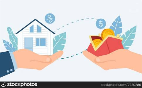 Home for sale. Client buying house, seller giving building to customer. Buyer holding purse with money for purchase. Real estate agent proposing deal vector, mortgage or loan concept. Home for sale. Client buying house, seller giving building to customer. Buyer holding purse with money for purchase