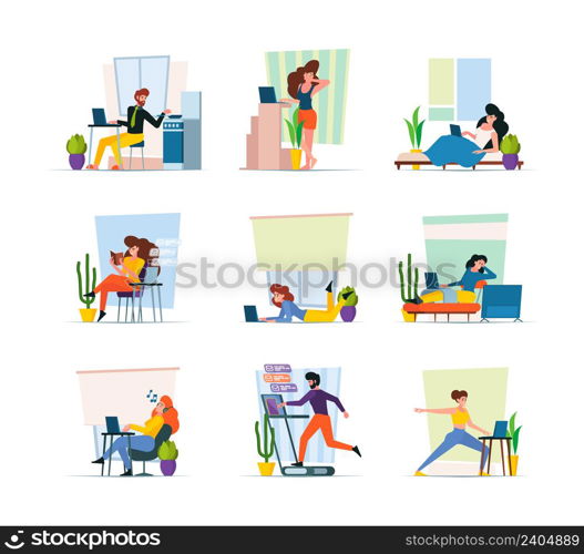 Home freelancers. Professional workers making homework in interior creative workflow relaxing persons at computer place garish vector flat concept illustrations. Worker freelance work at home. Home freelancers. Professional workers making homework in interior creative workflow relaxing persons at computer place garish vector flat stylized concept illustrations