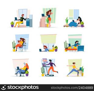 Home freelancers. Professional workers making homework in interior creative workflow relaxing persons at computer place garish vector flat concept illustrations. Worker freelance work at home. Home freelancers. Professional workers making homework in interior creative workflow relaxing persons at computer place garish vector flat stylized concept illustrations