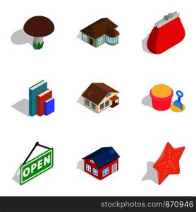 Home furnishings icons set. Isometric set of 9 home furnishings vector icons for web isolated on white background. Home furnishings icons set, isometric style