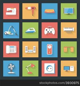 Home Furniture and Appliances flat icons set with shadows vector graphic illustration design