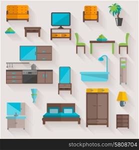 Home furniture and appliances pictograms set of living room salon table with chairs flat abstract vector illustration. Furniture home flat icons set