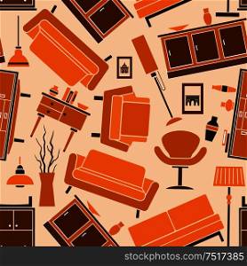 Home furniture background in warm colors with orange and brown seamless pattern of comfortable sofas and armchairs, wooden chests of drawers, vintage floor lamps and decorative interior accessories. Seamless home furniture pattern background