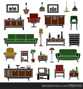 Home furniture elements with green soft couches, retro armchairs, high chair, wooden chests of drawers and bookcases with interior accessories and tv set, floor and pendant lamps. Flat isolated icons and objects. Home furniture elements in flat style