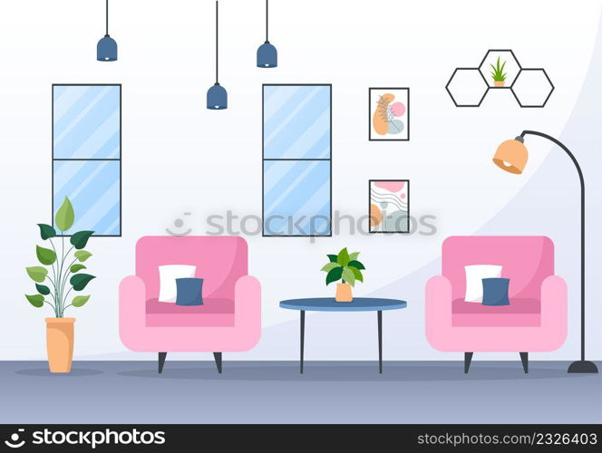 Home Furniture Flat Design Illustration for the Living Room to be Comfortable Like a Sofa, Desk, Cupboard, Lights, Plants and Wall Hangings