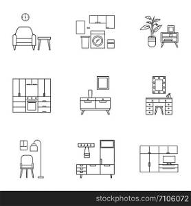 Home furniture icon set. Outline set of 9 home furniture vector icons for web design isolated on white background. Home furniture icon set, outline style