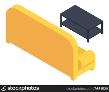 Home furniture, living room interior, couch and coffee table vector. Sofa with yellow upholstery and wooden floor shelves, house inner design elements. Soft seat back view and dwelling decor. Couch and Table Isolated Icons, Home Furniture