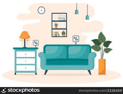 Home Furniture Store Flat Design Illustration for the Living Room to be Comfortable Like a Sofa, Desk, Cupboard, Lights, Plants and Wall Hangings