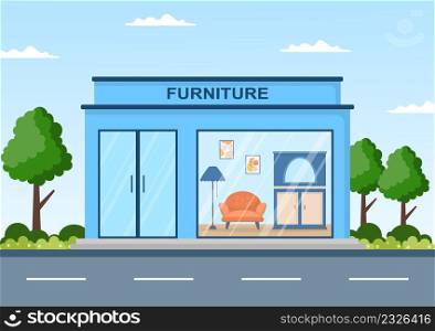 Home Furniture Store Flat Design Illustration for the Living Room to be Comfortable Like a Sofa, Desk, Cupboard, Lights, Plants and Wall Hangings