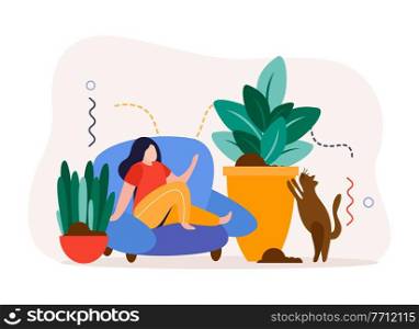 Home garden flat background with woman sitting in sitting in chair surrounded by home made potted flowers vector illustration. Home Garden Flat Background