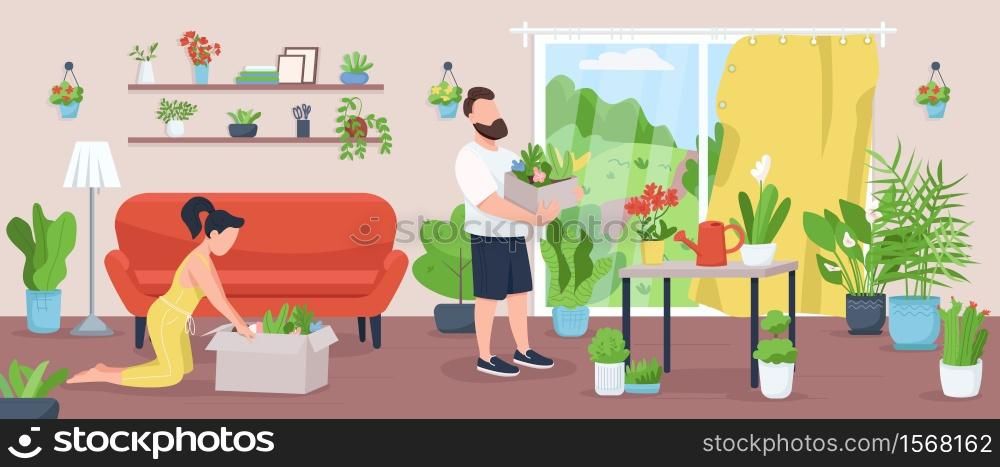 Home garden flat color vector illustration. Family cultivate and care for plants. Man and woman seedling. Horticulture in living room. Couple 2D cartoon characters with interior on background. Home garden flat color vector illustration