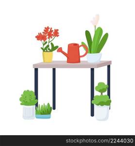 Home garden semi flat color vector object. Full sized item on white. House interior. Shelf with houseplants and watering pot simple cartoon style illustration for web graphic design and animation. Home garden semi flat color vector object