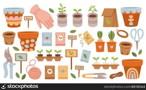 Home garden tool set. Vector isolated cute spring garden elements clay pots, onion flowers, seeds, gardeners tool.