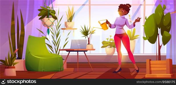 Home garden with black woman and plant pot illustration. Greenhouse interior with girl character water flower. Houseplant inside apartment as adult hobby. African female person indoor near armchair. Home garden with woman and plant pot illustration