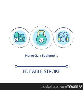 Home gym equipment concept icon. Getting proffesional tools for body muscles upgrading at own home. Exercising idea thin line illustration. Vector isolated outline RGB color drawing. Editable stroke. Home gym equipment concept icon